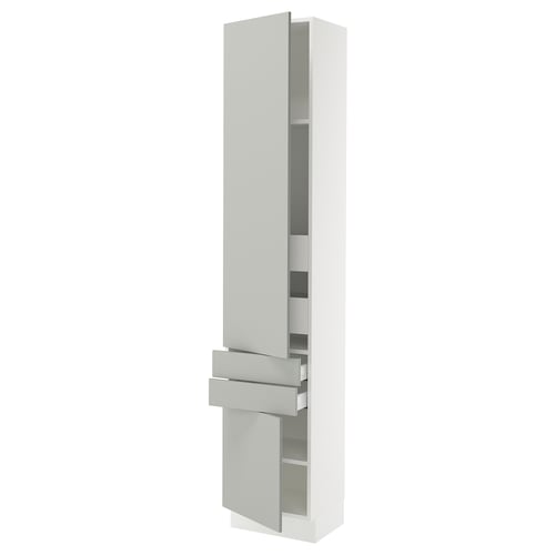 Modern white SEKTION kitchen cabinet with grey handles and adjustable shelves.