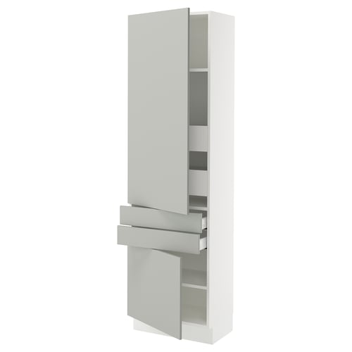 Modern light grey kitchen cabinet with adjustable shelves and soft-close hinges. Tall, rectangular, sleek design.