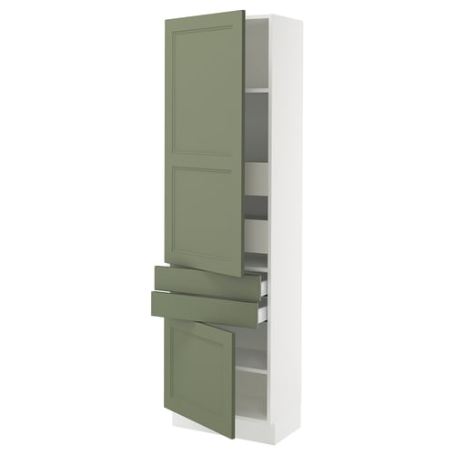 This image shows a tall white kitchen cabinet with green doors, drawers, and adjustable shelves. It a modern, sleek design with a 25-year guarantee.