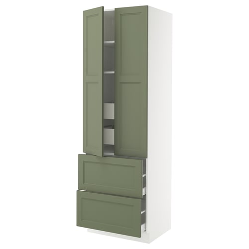 Green kitchen cabinet with drawers, adjustable shelves, and dampening hinges.