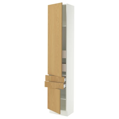 SEKTION wooden cabinet with glass shelves and drawers.