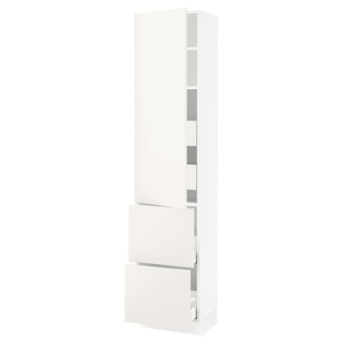 Ikea SEKTION white kitchen cabinet with veddinge fronts, smooth and modern design, includes shelves and drawers.