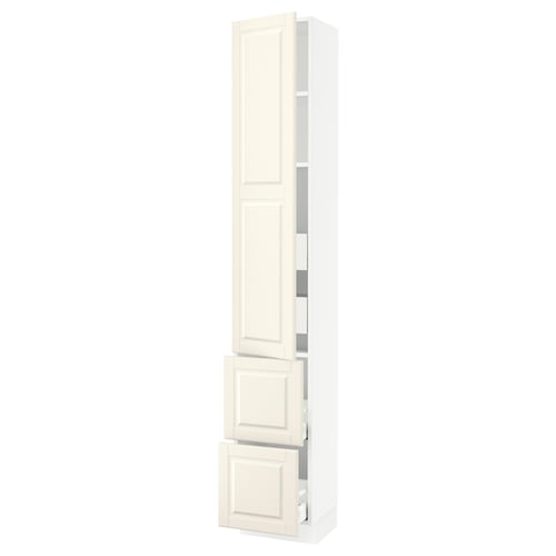 An off-white SEKTION kitchen cabinet with a traditional design, featuring multiple shelves and drawers.