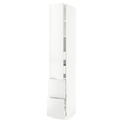 White high gloss kitchen cabinet with drawers and adjustable shelves.