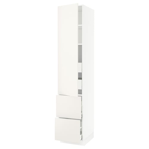 White kitchen cabinet, tall and rectangular with adjustable shelves and smooth, modern design.