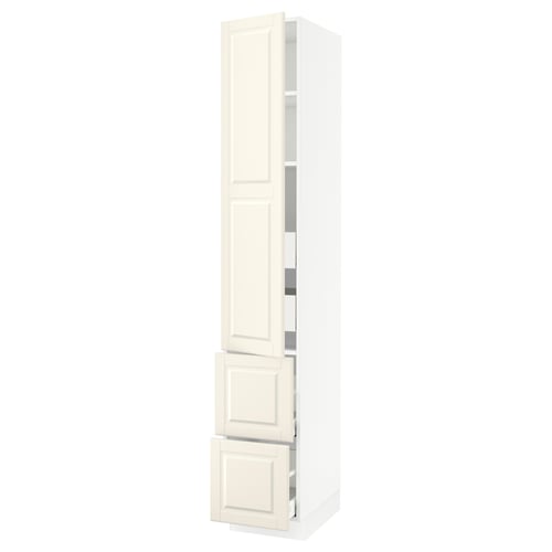 White SEKTION kitchen cabinet with shelves, drawers, and gentle-closing doors.