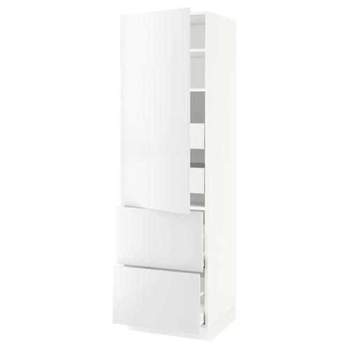 White sleek kitchen cabinet, modern design with drawers & shelves, high gloss finish.