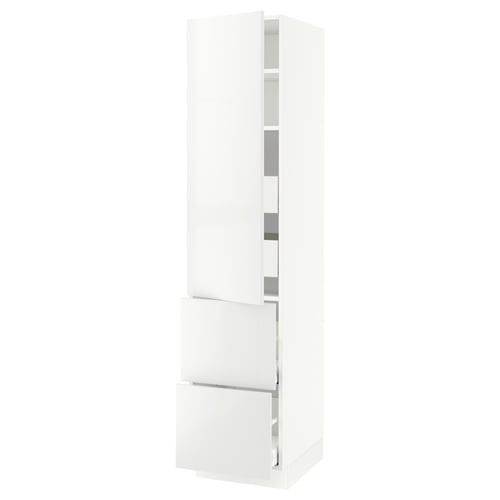 White kitchen cabinet, tall with high gloss, adjustable shelves, silver hinges.