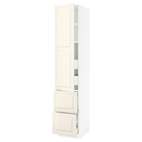 Displays a SEKTION off-white kitchen cabinet with a traditional design, featuring multiple adjustable shelves and full-extension drawers.