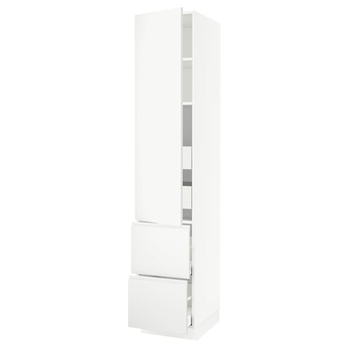 SEKTION kitchen cabinet in white with matte finish and integrated handles, tall and rectangular with adjustable shelves.