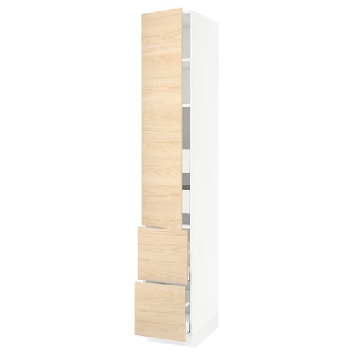SEKTION kitchen cabinet, light wood, tall, white sides, adjustable shelves, soft-close.
