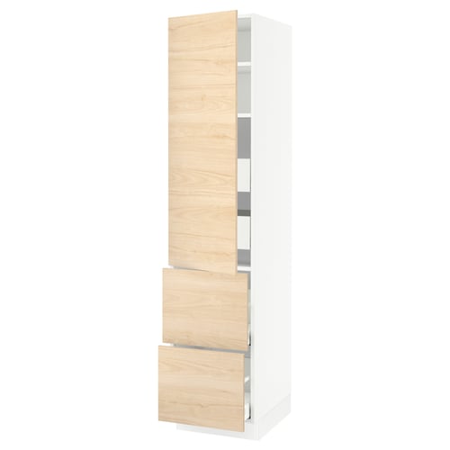 SEKTION tall white kitchen cabinet with light ash doors and drawers.