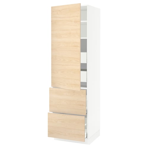 SEKTION kitchen cabinet in light wood & white, tall with adjustable shelves and soft-closing drawers.