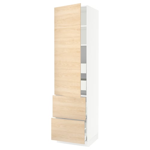 SEKTION kitchen unit with light ash wood effect doors and drawers. Tall and slim, white frame.