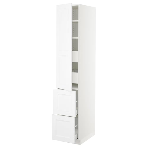 White SEKTION kitchen cabinet, tall, with adjustable shelves, left-opening door, and smooth-closing drawers.