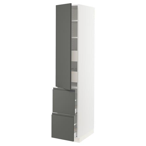 Modern white and dark grey kitchen cabinet with adjustable shelves and drawers.