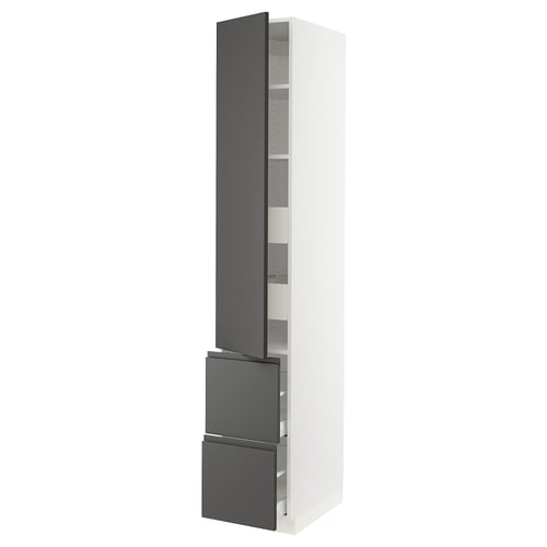 Modern kitchen cabinet in white and dark grey. Tall with adjustable shelves and silent-closing drawers.