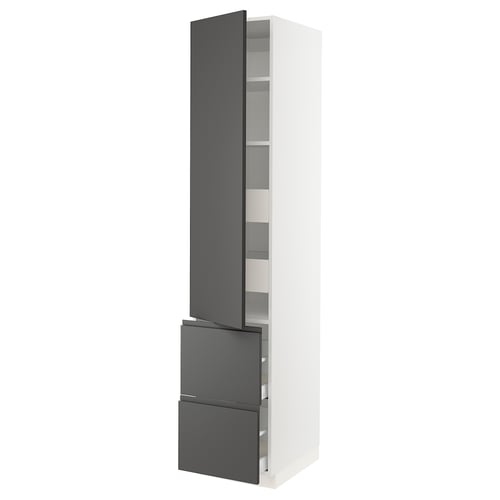 White and grey kitchen cabinet with adjustable shelves and drawer, sleek modern design.