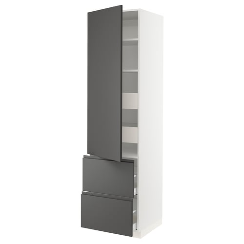 Modern white kitchen unit with grey drawers and shelves, high with integrated handles.