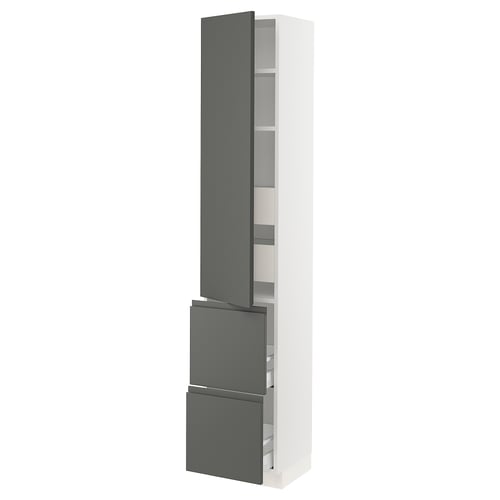 Vertical kitchen cabinet, white with grey drawers/doors, modern design.