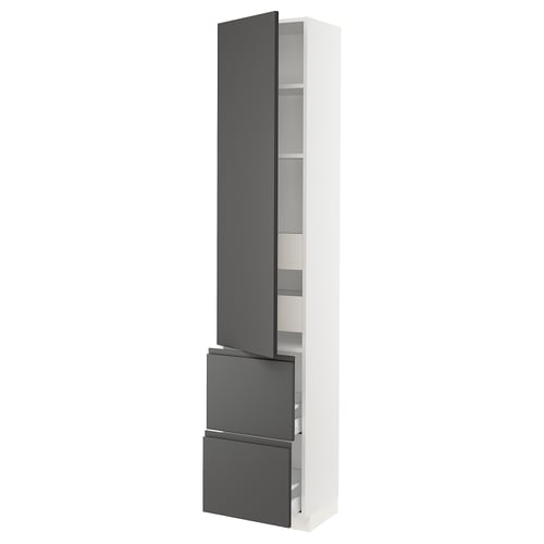 A white modern kitchen cabinet with dark grey drawers and door, combining sleek design and functionality.