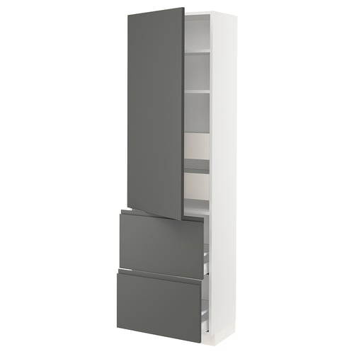 A modern, tall kitchen cabinet in white with grey drawers and doors. It a sleek, contemporary design with integrated and smooth-running drawers.