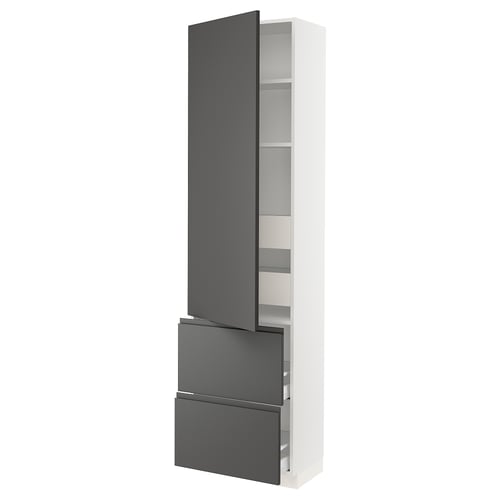 A tall, white storage cabinet with dark grey drawers and shelves. It integrated handles and a modern design.