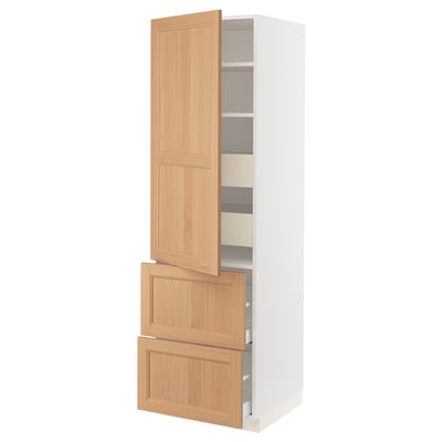 SEKTION kitchen cabinet, light wood colour, oak and particleboard, tall and slim with open door showing shelves and drawers.