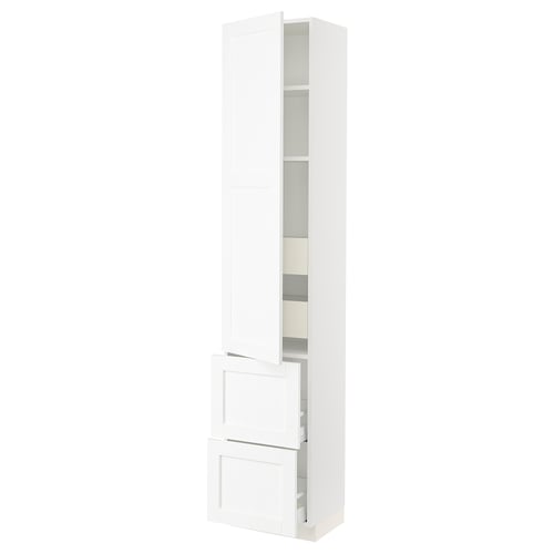 White SEKTION kitchen cabinet, sleek design, mirrored doors, three shelves, vertical layout.
