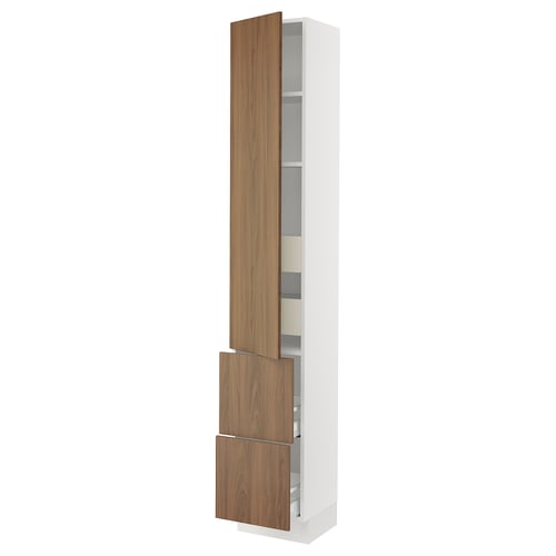 SEKTION modern kitchen cabinet in white and walnut, tall with shelves and drawers.