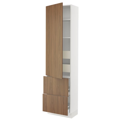 Modern white kitchen cabinet with wooden doors, open design, adjustable shelves.