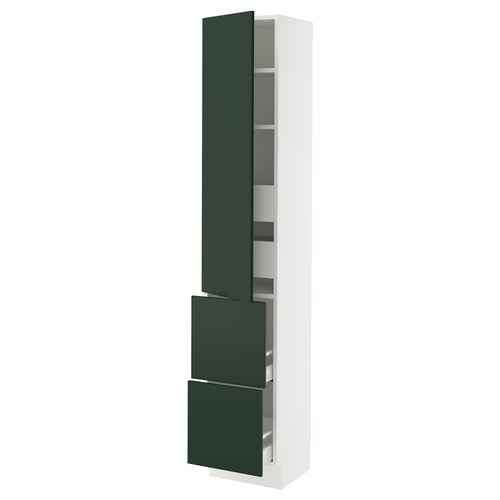 White and green ikea SEKTION kitchen cabinet with adjustable shelves.
