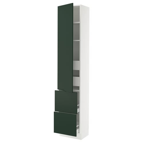 A tall white SEKTION cabinet with green drawers and doors, designed for a modern kitchen.