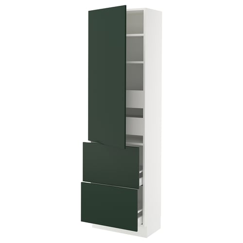 The SEKTION kitchen cabinet with a tall white frame, dark green doors, and adjustable shelves. It has a modern design with a 25-year guarantee.