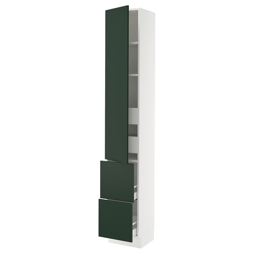 SEKTION kitchen cabinet: tall white unit with green drawers and doors, adjustable shelves.