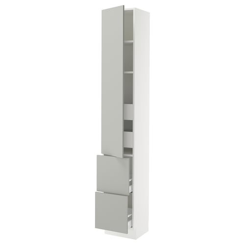 SEKTION white tall cabinet with grey drawers & shelves, sleek modern design.