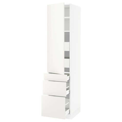 Ikea SEKTION white kitchen cabinet with drawers and shelves.