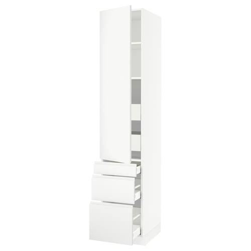 White SEKTION kitchen cabinet with integrated handles, multiple shelves, and drawers.