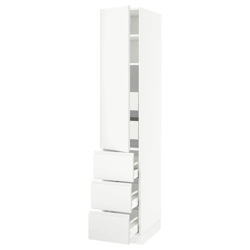 A white tall kitchen cabinet with pull-out shelves and drawers.