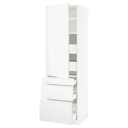 White kitchen cabinet, modern minimalist design, matte finish, three drawers, adjustable shelves, integrated handles.