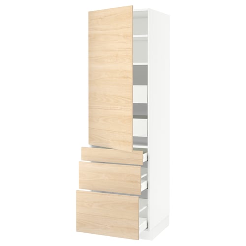 An SEKTION kitchen cabinet. The cabinet is tall, white, and includes wooden drawers and a door with a light ash wood pattern.
