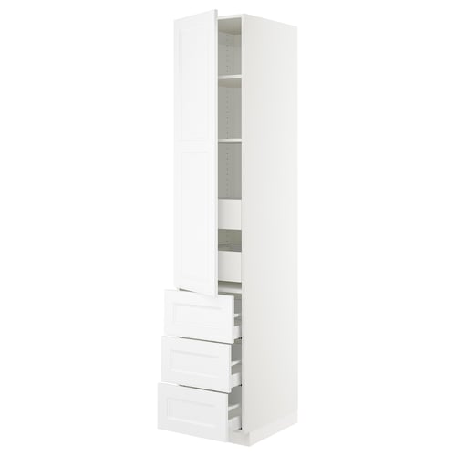 SEKTION tall white kitchen cabinet with drawers and shelves.