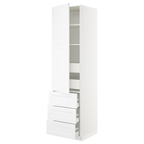White SEKTION tall kitchen cabinet with 4 drawers and 3 open shelves, sleek modern design.