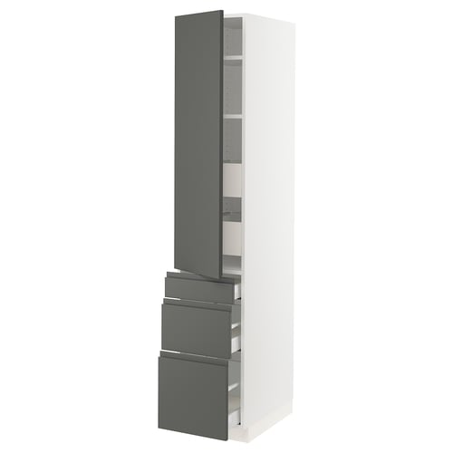 SEKTION tall kitchen cabinet in white and dark grey with sleek, modern design and multiple storage shelves and drawers.
