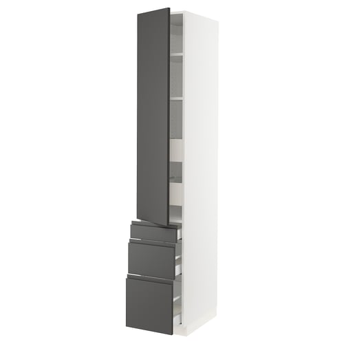 Modern kitchen cabinet, white with dark grey handles, tall vertical shape, adjustable shelves.