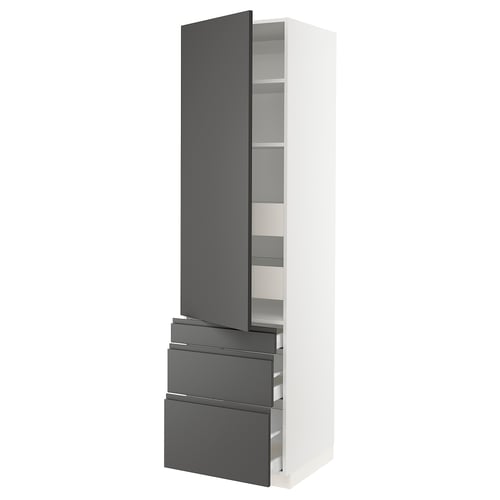 A vertical SEKTION kitchen cabinet in white with grey matt dark grey handles, featuring an adjustable shelf and drawers.