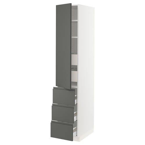 Ikea SEKTION tall grey kitchen cabinet with drawers and adjustable shelves.