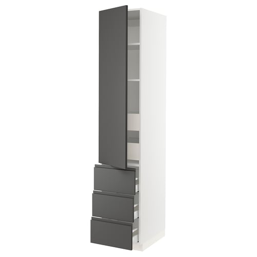 Depicts an ikea SEKTION high cabinet in white with dark gray drawers and door. It has a modern, sleek look with integrated handles.