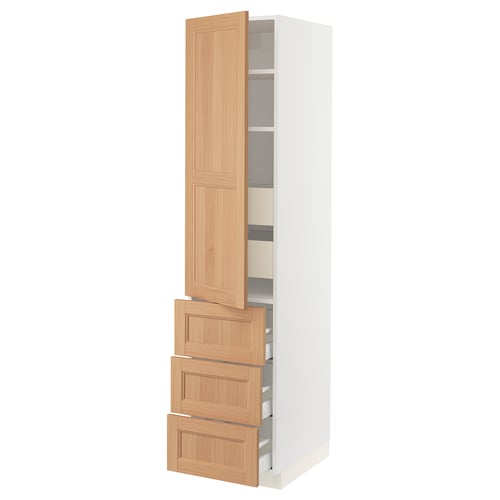 Modern white and oak kitchen cabinet with pull-out drawers and adjustable shelves.