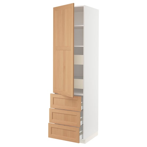 Is of an ikea SEKTION kitchen unit with a light wood finish and adjustable shelves. It a door and three drawers. The unit has a sleek, modern design.